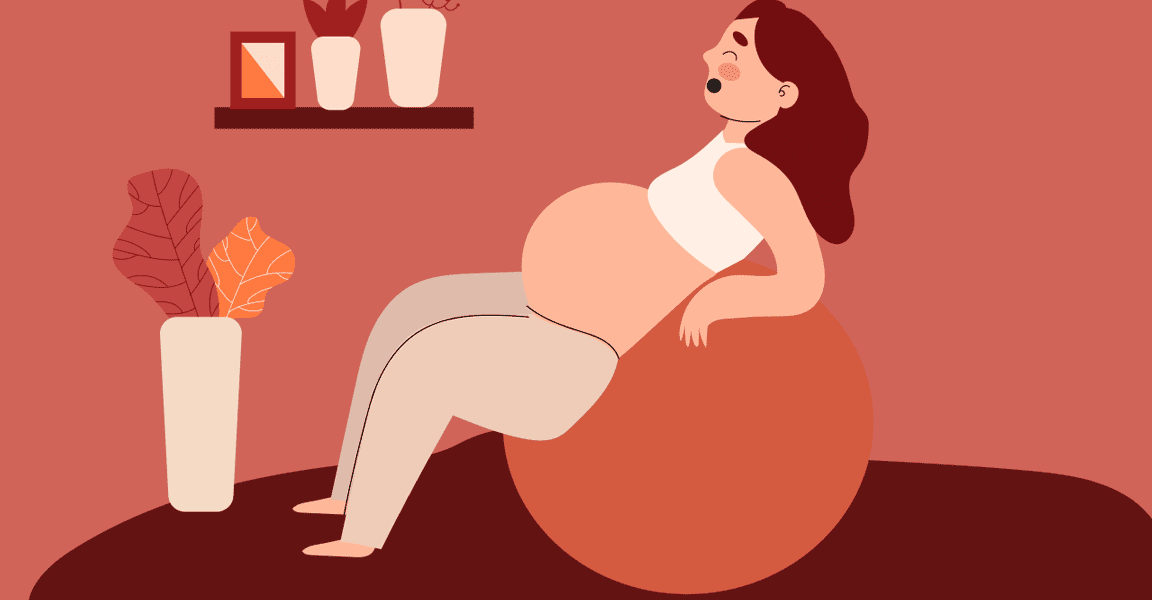 Ilustração de uma gestante deitada sobre uma bola de pilates, com expressão de relaxamento. O ambiente tem tons terrosos, com plantas decorativas e prateleira com vasos ao fundo.