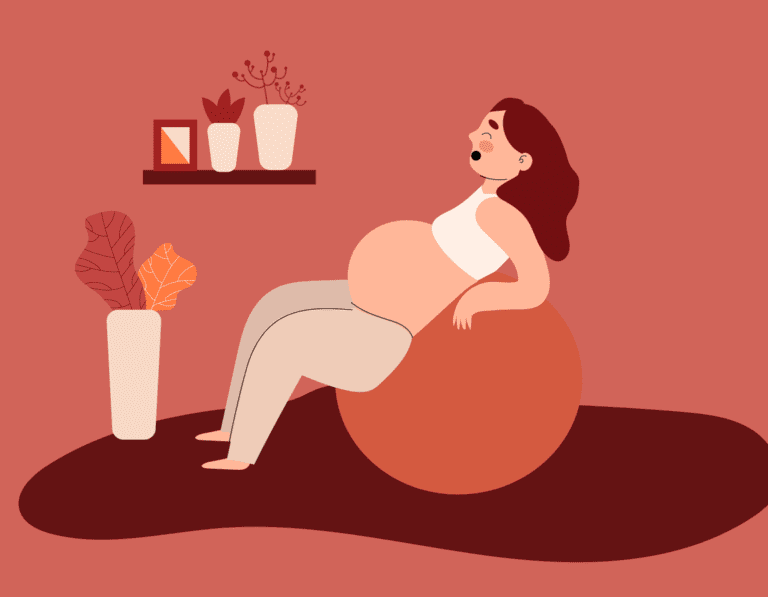 Ilustração de uma gestante deitada sobre uma bola de pilates, com expressão de relaxamento. O ambiente tem tons terrosos, com plantas decorativas e prateleira com vasos ao fundo.