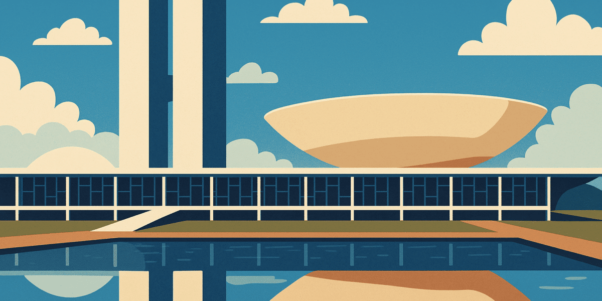 Ilustração estilizada do Congresso Nacional do Brasil, com o céu azul ao fundo, nuvens brancas, e o edifício refletido no espelho d’água à frente.