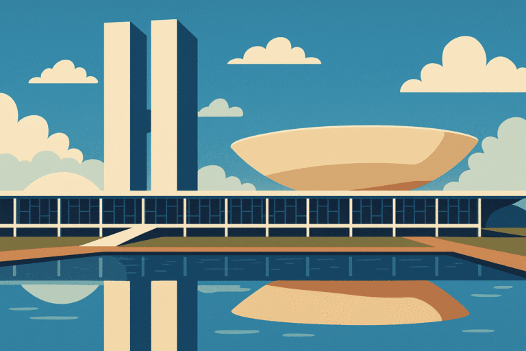 Ilustração estilizada do Congresso Nacional do Brasil, com o céu azul ao fundo, nuvens brancas, e o edifício refletido no espelho d’água à frente.